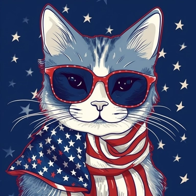 Super cute, American flag with cat scarf and sunglasses Sublimation Clipart, Cartoon funny, Cute anime, Very detailed, firework blue background
