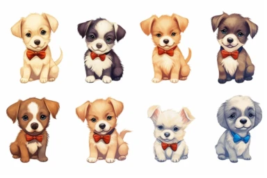 9 sets of a cute baby puppies Munchkin, smile,round face,round head,Wearing a tie,different poses,different breeds, clipart, isolated on white background, spaced out,