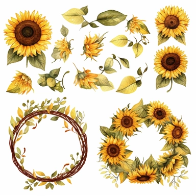 An eye-catching and delightful set of watercolor clipart showcasing sunflower wreaths. The artist masterfully captures each sunflower's unique features, such as its radiant yellow petals and deep brown seeds, using intricate detail and fluidity in the watercolor medium. The wreaths come in various designs, each one a celebration of the sunflower's sunny disposition and stunning beauty. The watercolor technique is used to give each sunflower a lifelike, almost tactile quality, adding to its appea