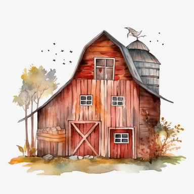 Barn, watercolor, doodle,fable, child book, clip art, transparent background, 300 dpi, nursery illustration, minimalist, vector illustration, optimistic