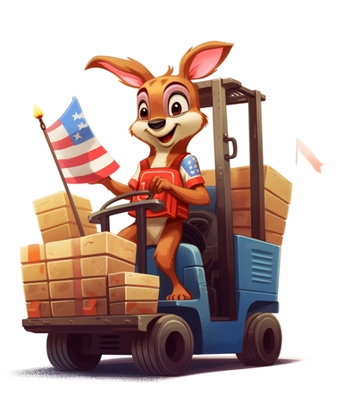 Showcasing a cartoon kangaroo as a forklift operator, with the design incorporating patriotic elements and symbols representing the United States. The overall design can appear polished and poignant, with the kangaroo proudly operating the forklift, that can be used as a sticker, colorful, highly detailed, with a white background, in the style of Pixar clipart, and no cut off edges.