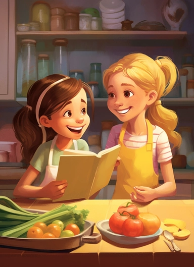 two six-year old girls talking in the kitchen over an open cookbook, one girl is wearing a blue t-shirt the other girls is wearing a yellow blouse, clipart, wide shot,