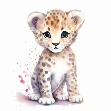 a pastel baby leopard with kind eyes clipart with watercolor illustration,full body shot,8k,etsy style, white background