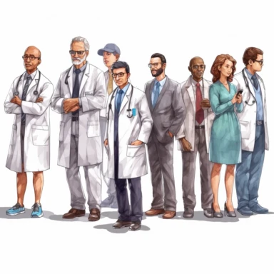 watercolor, people of different professions, hospital staff, surgeons, doctors, nurses, freelancers, businesswoman and businessmen in suits insulated lined up png Full body realistic cartoon in 32K UHD cute. 15 cm thick outline. Black color. There was no shadow on the ground. 8k with realistic watercolors and detailed illustrations. PNG clipart, transparent white background