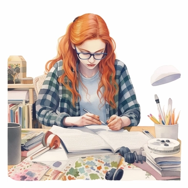 watercolor, hyper realistic, white background, white margins, 16k, ultra detailed clipart, cut out image, hand-drawn cartoon illustration of a girl at work, in the style of alena aenami, lucy grossmith, subtle pastel hues, briton rivière, optical, studyplace, knitted and crocheted