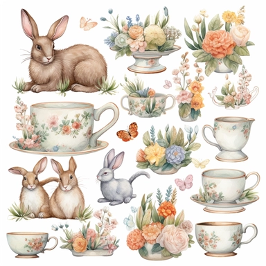 Oil painting rabbits, teacups and flowers clipart set, Lisa glanz style, white background charecter, single items, cute items, oil paint, no background. Clear simple shapes, cute, high quality, Procreate art, HD, 8k, detailed, wax crayons style illustration, digital illustration, white background