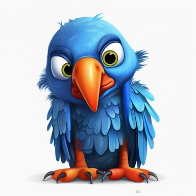 a cartoon like blue parrot with an orange beak, full body, full of blue feathers, depressed, crying, sad, children book style illustration, clipart style, HD, highly detailed, no watermark –ar 3:2