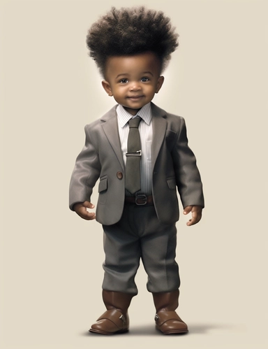 hasselblad 24 mm full body shot of a gorgeous african american baby boy very well dressed with Blue Eyes, clipart, Composition: Relaxed position with intricate high hairstyle, smiling, Style: Solarpunk, white background, hyperrealism, 32k