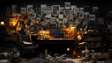 Design a visually captivating office background for your YouTube channel, dedicated to unexplained phenomena and conspiracy theories. Create an atmosphere that reflects the intrigue and investigative nature of the content. Select an office space wall with a blend of vintage and modern elements, incorporating elements like newspaper clippings on the walls, photographs of monsters, maps and books. Choose a well-matched color palette that evokes mystery and curiosity, combining deep blues, earthy t