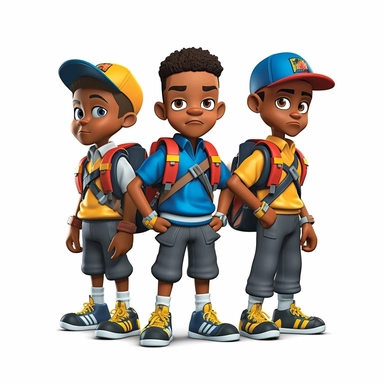 3D toy young 3 black boys wearing a backpack with a school uniform outfit in the style of boondocks in the style of marvel comics cartoon with white background can't believe how beautiful this is clipart, graphic vector, isolated on white background
