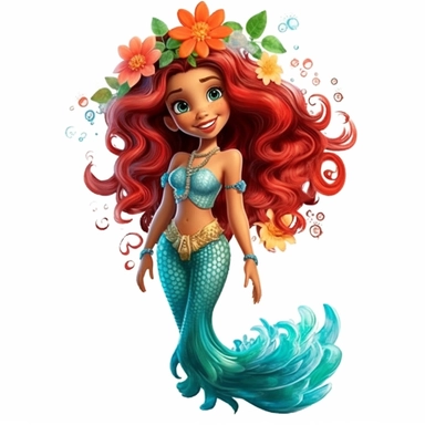 A beautiful smiling mermaid, highly detailed, long hair, beautiful flowers and coral, highly detailed tail, full body image, pixar style, clipart