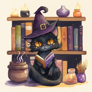 Watercolour cute black witches cat, wearing a witch hat, clipart. The cat is sitting on a bookshelf, surrounded by books and potions. Its fur is a mix of black and orange shades, and its eyes are looking directly at the viewer. The witch hat has a purple ribbon, and the cat is holding a feather quill in its paw. The bookshelf is in a dark, candlelit room, with cobwebs and a cauldron in the corner. The books have titles like The Art of Witchcraft and Magical Potions and Spells. The potions on the