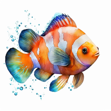 colorful watercolor clown fish clipart, ombre white background, no text