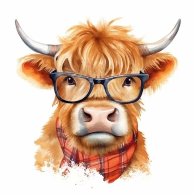 Illustrate a lovable baby Highland cow with sunglasses in a nursery kids' style watercolor clipart, capturing its innocence and creating a high-quality, ultra HD image.