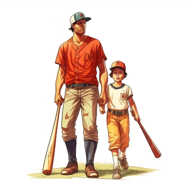 baseball dad and son with baseball bats and caps, full body, hand draw Illustration clipart, 4K, extremely detailed