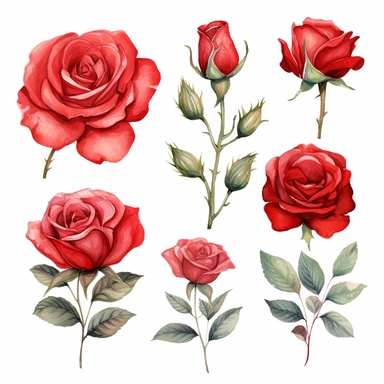 a series of beautiful and unique watercolor red roses clipart designs, each featuring multiple small roses in a composition. Your goal is to capture the delicate and vibrant nature of red roses in a visually appealing way. Experiment with various brush strokes, layering techniques, and color blends to bring out the rich tones and textures of the petals. Focus on creating intricate details while maintaining an overall balanced composition. Let your creativity flow and explore different arrangemen