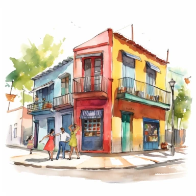 Very cute and Whimsical street of Buenos Aires, cute houses, folkloristic La Boca neighborhood, Tango dance, beautiful, Watercolored illustration, clipart, white background