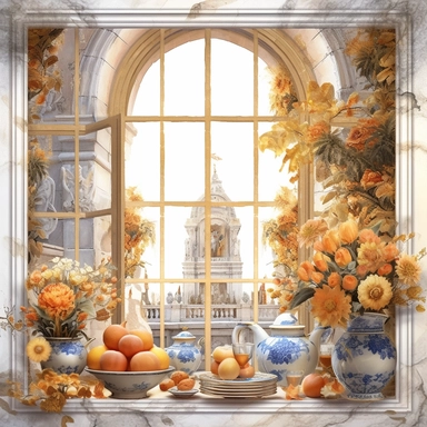 watercolor mixed media masterpiece royal kitchen beautiful window with porcelain dishes and books and basket with flowers, richly decorated with flowers, golden accents, provence, by Adonna Khare style, Baroque style, PNG clipart, isolated on white, extreme photorealistic details, 32k HD resolution, realistic high detailization high resolution