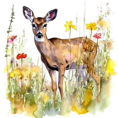 doe in a colorful Meadow Clipart watercolor sketch,