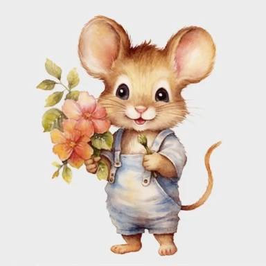 a standing baby mouse with cute big eyes, beatrix potter style, holding a flower, happy smiling face, cute animal, adorable, playful atitude, adorable watercolor animal clipart with a few plant and flowers decor, no background, high quality