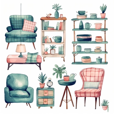clipart furniture watercolor flat color simple lines cute cartoon white background