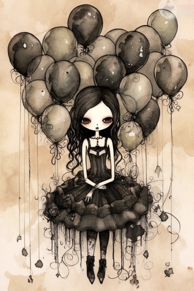 watercolor mixed media goth steampunk bride girl entire body and bridesmaids in goth steampunk wedding decor illustration clipart by holly hobbie