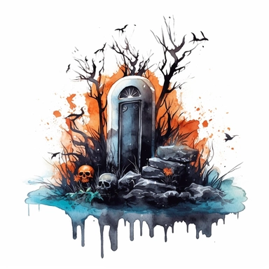 mystical dark scary watecolor halloween grave clipart, hd 4k, detailed, focused, isolated on white background