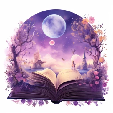fantasy scene coming out of an open book, moon fairies stars, florals, magical, watercolors, Clipart, pastel violet color theme,