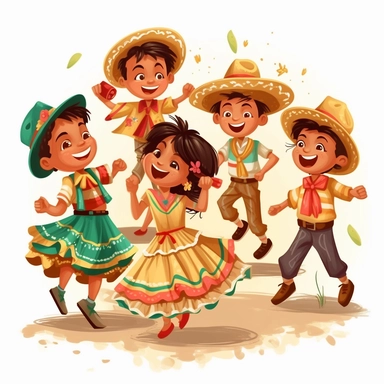 kids dancing mexican regional, cartoon style, brazilian junina party, clipart
