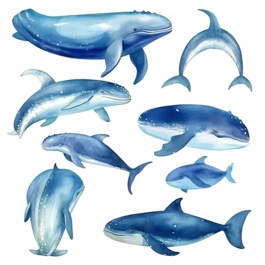 Watercolor whale, illustrations clipart set, simple , cartoon elements, different variants ,d ifferent poses, different species separate elements with a margin