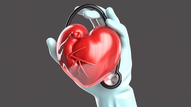 3d render. Doctor cartoon hand with stethoscope listens to the heart icon. Medical healthcare illustration. Cardiology clip art isolated on transparent background, Bright color, ultra realistic