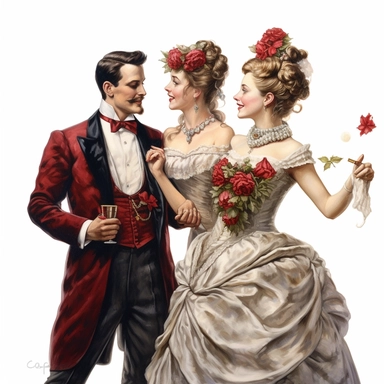 old victorian era, having fun at wedding, angle perspective, hyper-realistic painting, decorated with minimal amount of red roses, intricate details, elegance, charm, clipart, white background