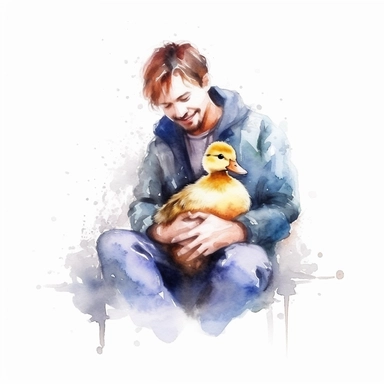 Adorable pet Duck having happy moment with it's human owner, water color style, clipart, white background
