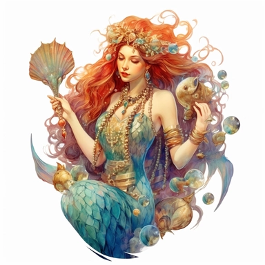 beautiful rich Russian style sea mermaid with long hair full body with fish tale, sea stars, sea shells, portrait, super high quality, high resolution, oil painting clipart, natural colors, isolated white background, 8k