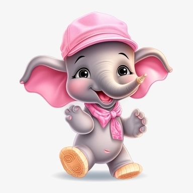 Nursery safari animal, clipart, elephant, cute, white background, no text, no words, wearing a pink hat, dancing, happy,