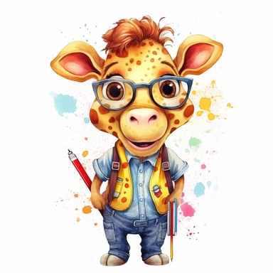 cute Giraffe character wearing school clothes and school element with happy face,front facing on isolated background,with happy face and expression,Animal Sublimation Clipart,no splash watercolor,white background, ultra detailed clipart, cut out image, colorful watercolor realistic, cartoon style, ultra HD, sharp and clean art