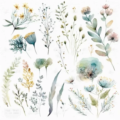 watercolor Soft Wild Floral Clipart , white background, no text