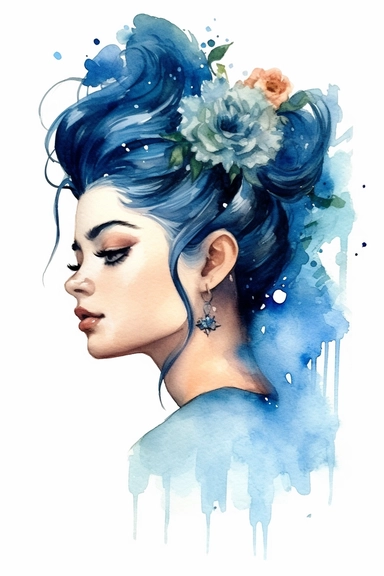 a cute cartoon pretty young Girl with a high blue colored bun and roses sparkling around her profile, long curly hair with mini flowers in head, portrait, daydreaming expression in watercolor form, sarah kay and holly hobbies, clipart, watercolor, smiling, on a white background, daydreaming expression in watercolor form