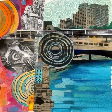 a mixed media collage of old news paper clippings, spray paint, paint markers, gouache paintings of cityscapes, a flowing river with an old iron bridge going across it, an 18th century engraving of a mythological sphinx, museum quality, abstract expressionism, postmodern art, rich watercolor texture, bright blue water, abstract concentric cirle designs, dry brush technique, color pencil, oil pastel