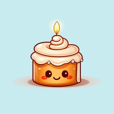a cute cinnamon roll and white icing dripping down it sides, kawaii style with a candle wick on top. Make it super cute, vibrant colors. Make it into cliparts and vectors.