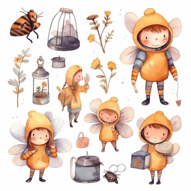 Watercolor boho beekeeping, illustrations clipart set, simple, soft colors, cartoon elements, different variants, cute little boy and girl beekeeping, separate elements with a margin