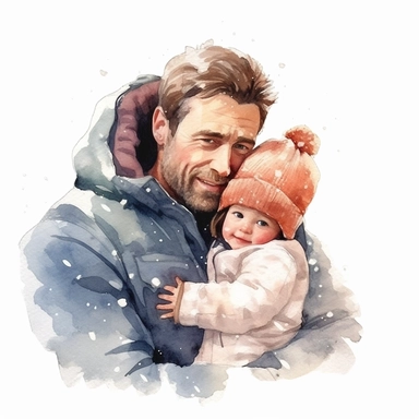 watercolour clipart, father day, father hug with his cute baby, in snow, smile, beautiful, happy, ,realistic, whit background, illustrated