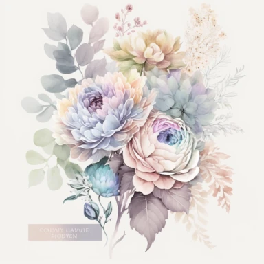 soft colorful pastel colored floral arrangement clipart, soft and subtle, colorful fairy pastel colors watercolor style, fawncore, pastel roses only, single rose, light indigo pastel, light purple pastel, muted navy pastel, dreamy pastel colors, muted pastel colors, plain white background, use of fabric, excellent depth of shading in soft watercolor style, watercolor artwork, plain white background for transparent editing