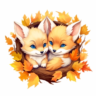 Sweet baby foxes nestled in a bed of colorful leaves, peeking out from behind a tree, or wearing a cute bowtie clipart