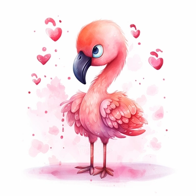 a cute adorable chibi cartoon style pink flamingo for valentine, watercolor clipart