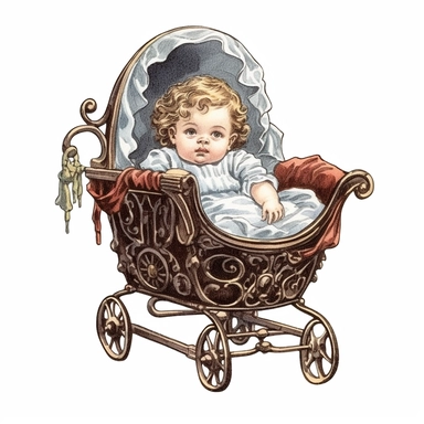 Victorian baby and nursery, Clipart, black outline, white background, colored pencil