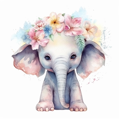 cute baby elephant with summer flower in the head, full-body, smile, watercolor, clipart