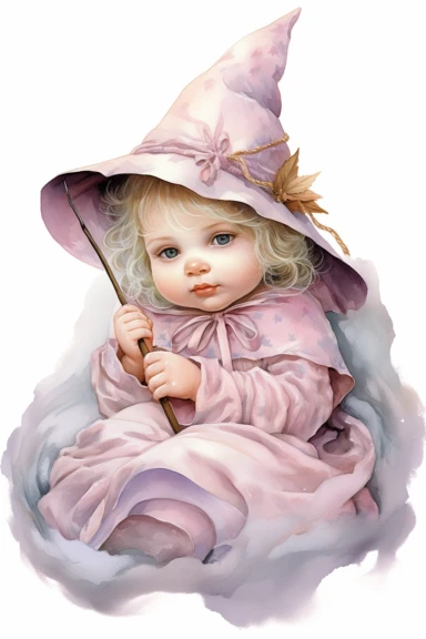 clipart, realistic newborn witch, pastel colors, vintage style