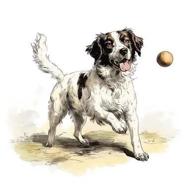 Landseer, Playing Fetch, cartoon, Clipart, white background, no text, no caption