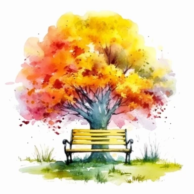 clipart, isolated on white background, Watercolor Spring beautiful ornated metal bench under the tree, flowers and grass and plants, ornated, vivid and vibrant and saturated colors